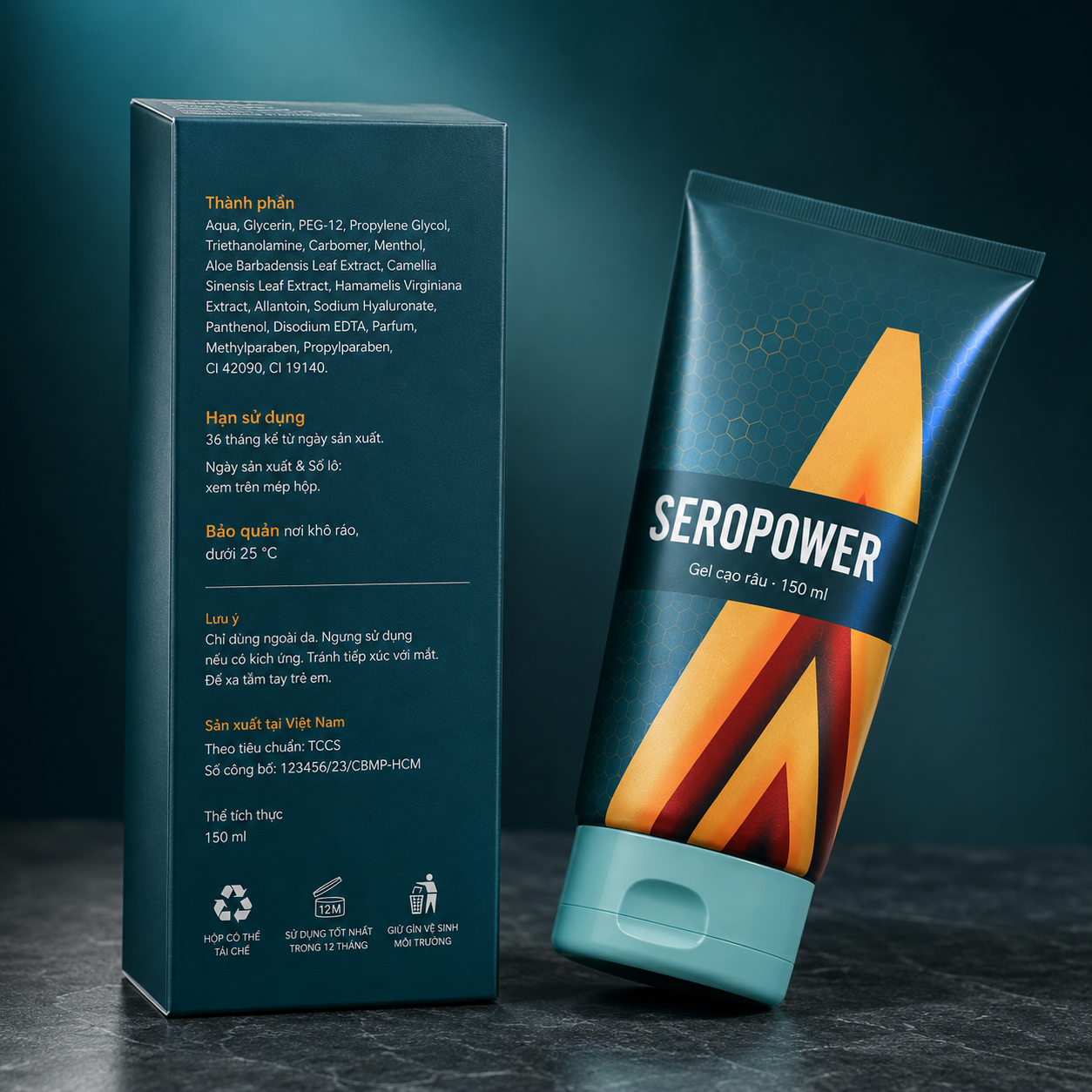 Vỏ hộp và tuýp SEROPOWER với mặt sau in danh sách thành phần