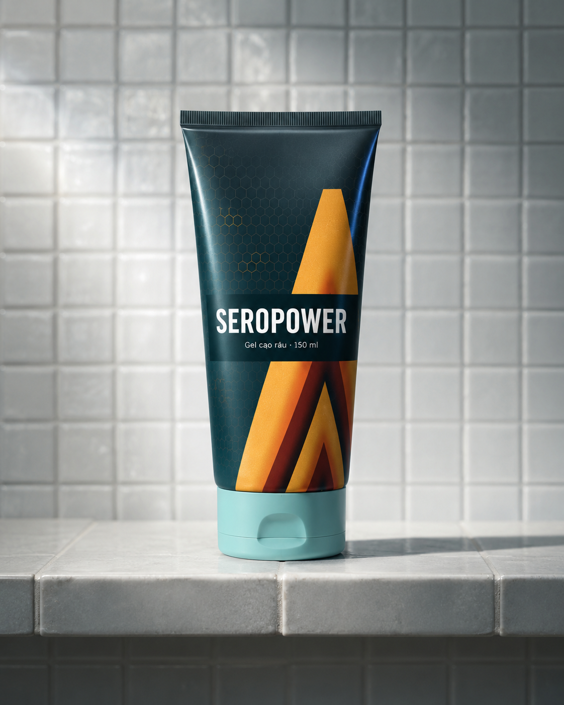 Tuýp gel cạo râu SEROPOWER 150 ml đặt trên kệ gạch men